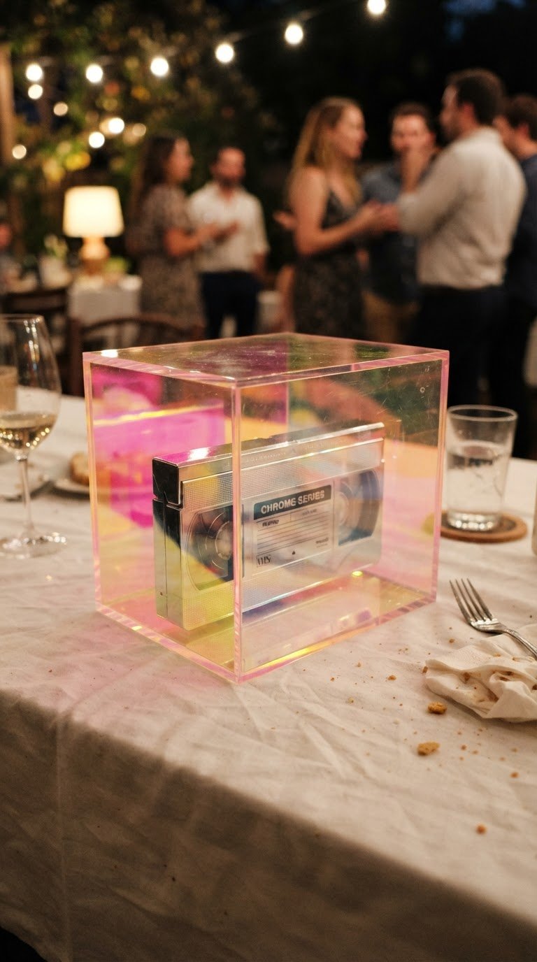 Le teche iridescenti in plexiglass contenenti cassette VHS decorate in vernice cromata
