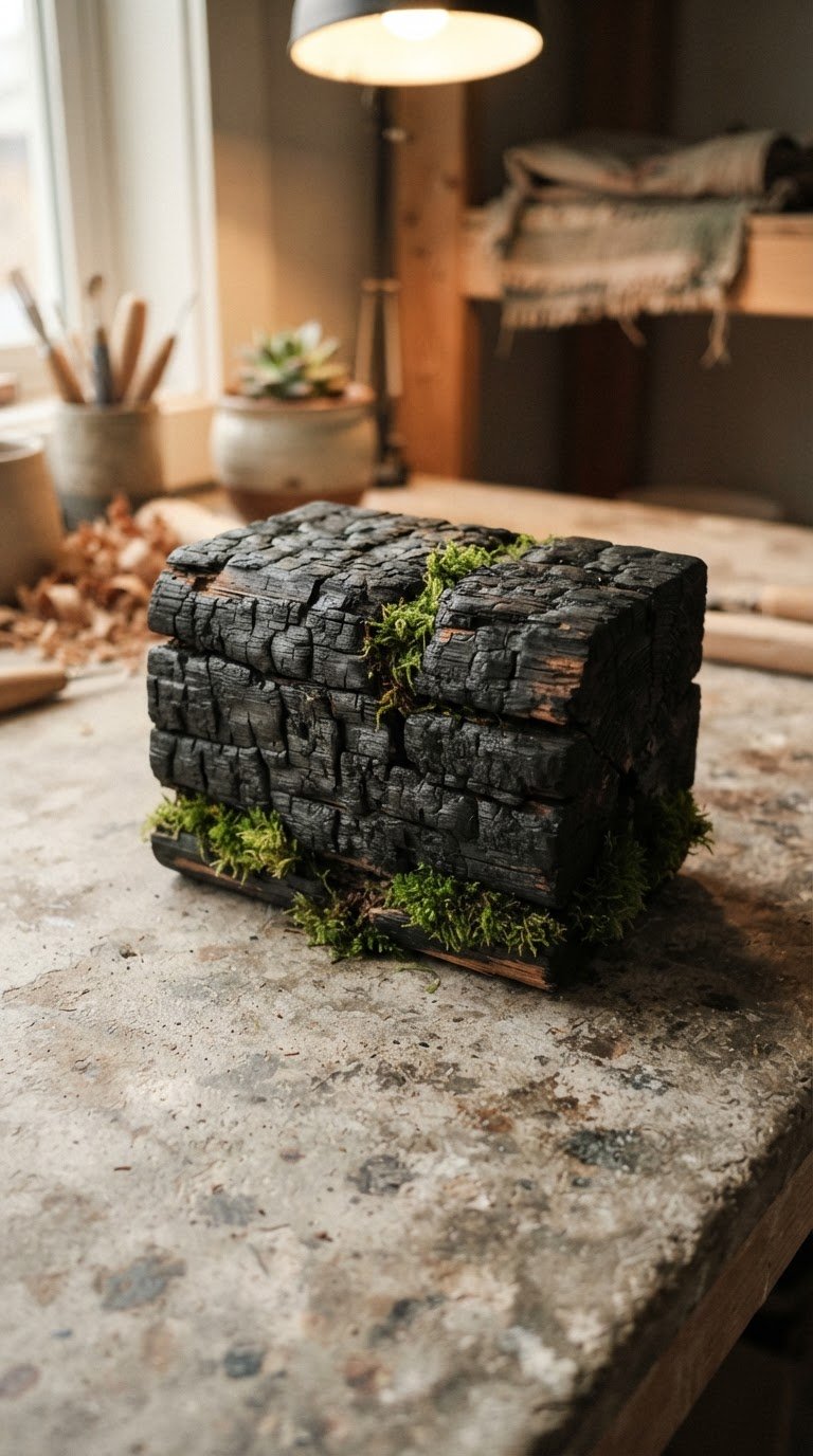 Il Blocco di Legno Carbonizzato Shou Sugi Ban e Muschio