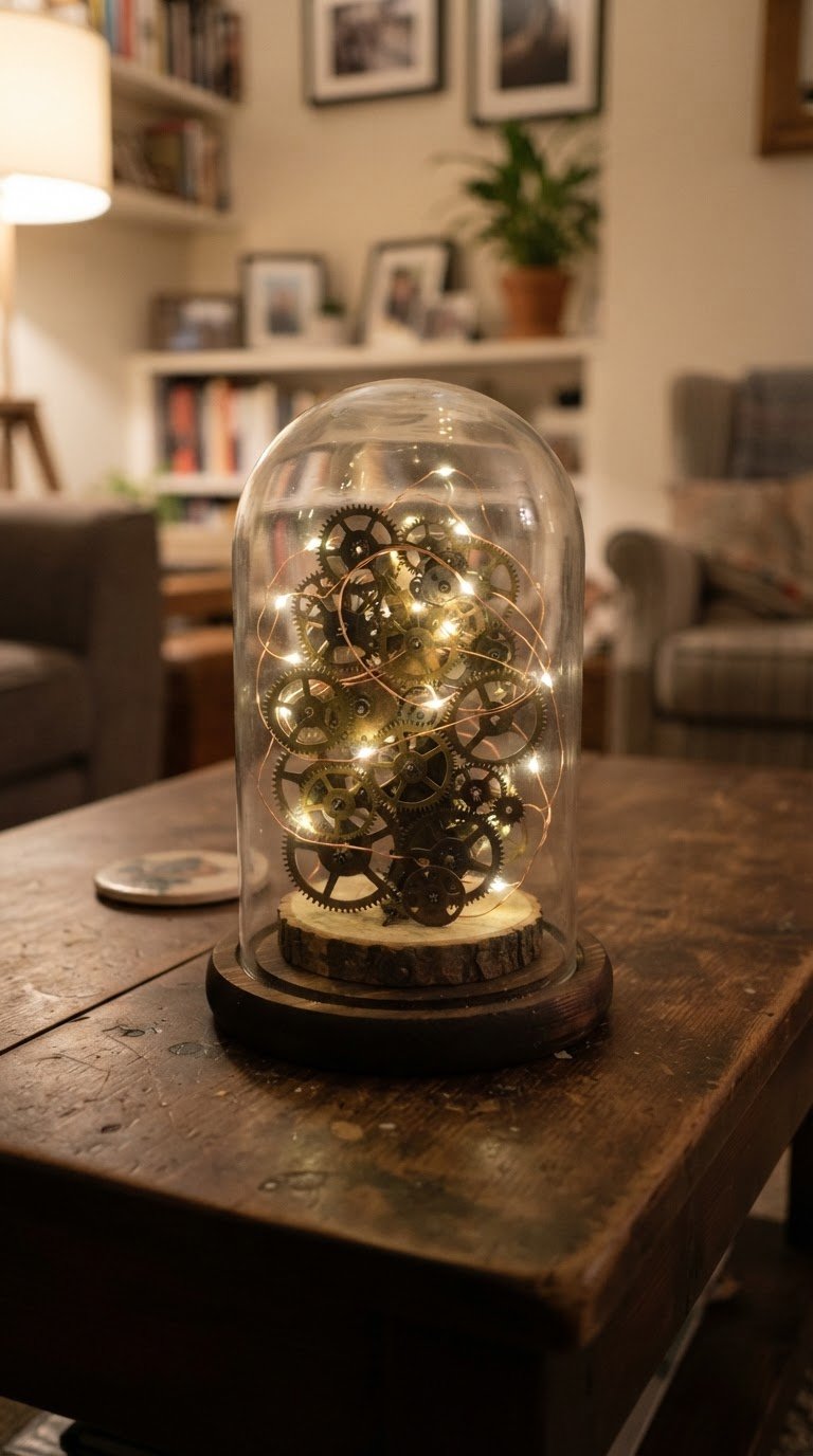 La Campana di Vetro con Ingranaggi d'Epoca e Micro-Luci Calde