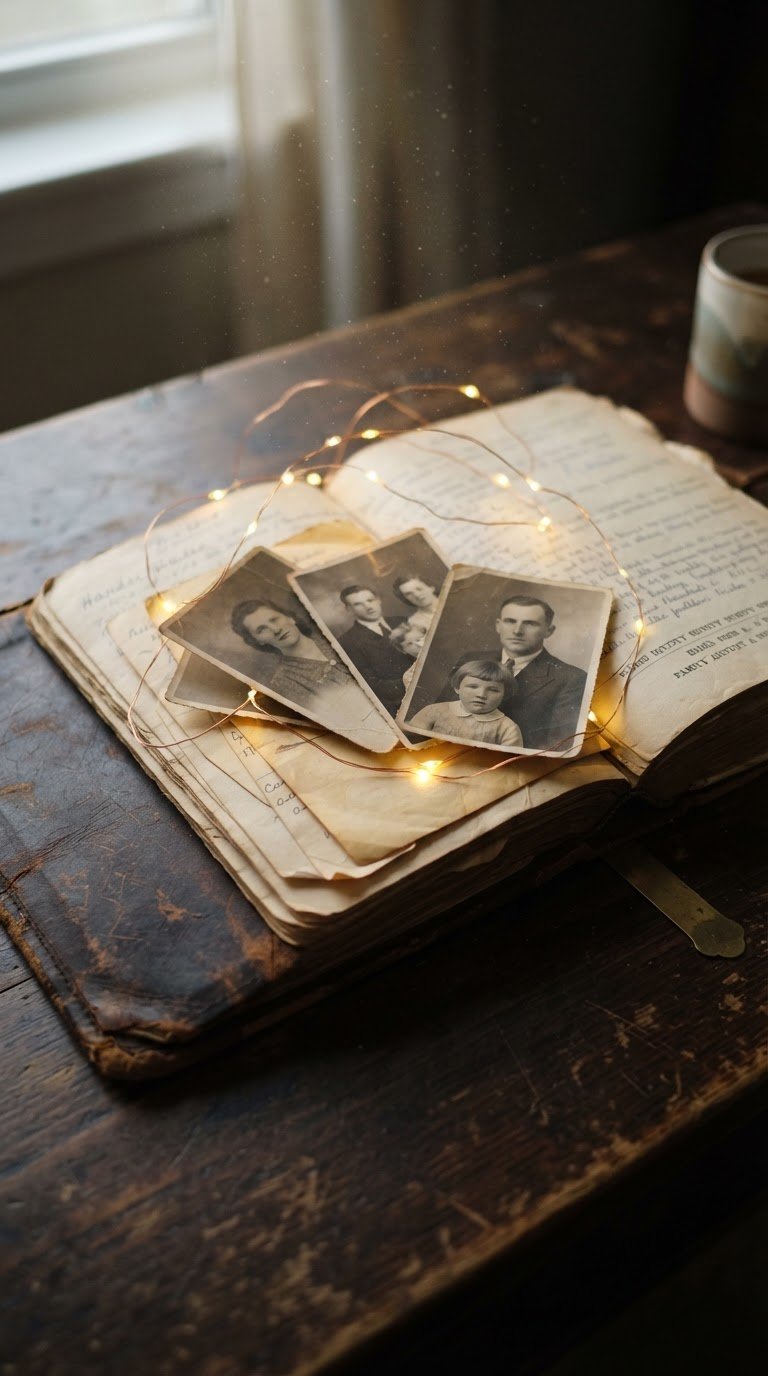 Il libro d'epoca aperto con collage di ricordi e micro-luci