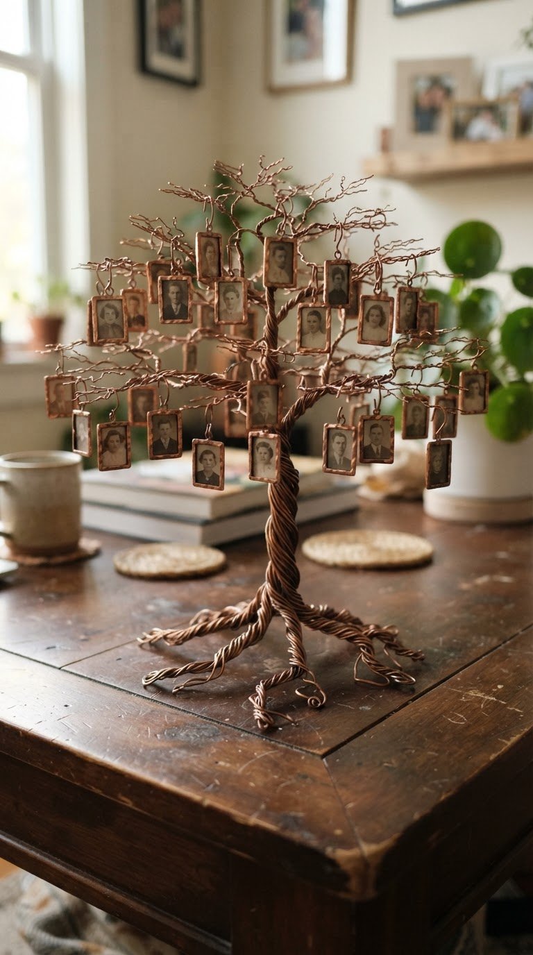 L'albero genealogico minimalista in filo di rame e mini-cornici