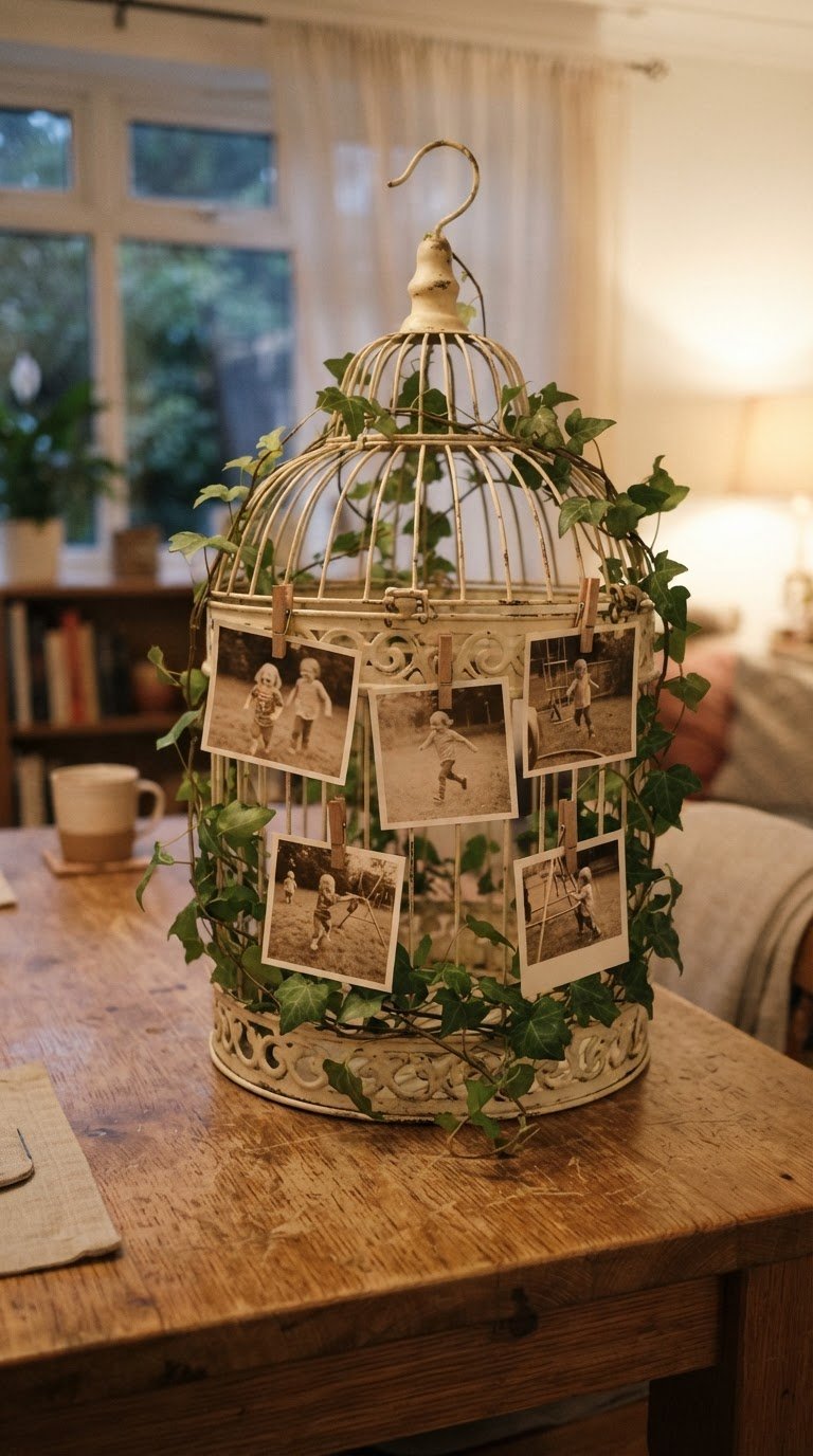 La gabbia vintage per uccelli decorata con edera e istantanee seppia