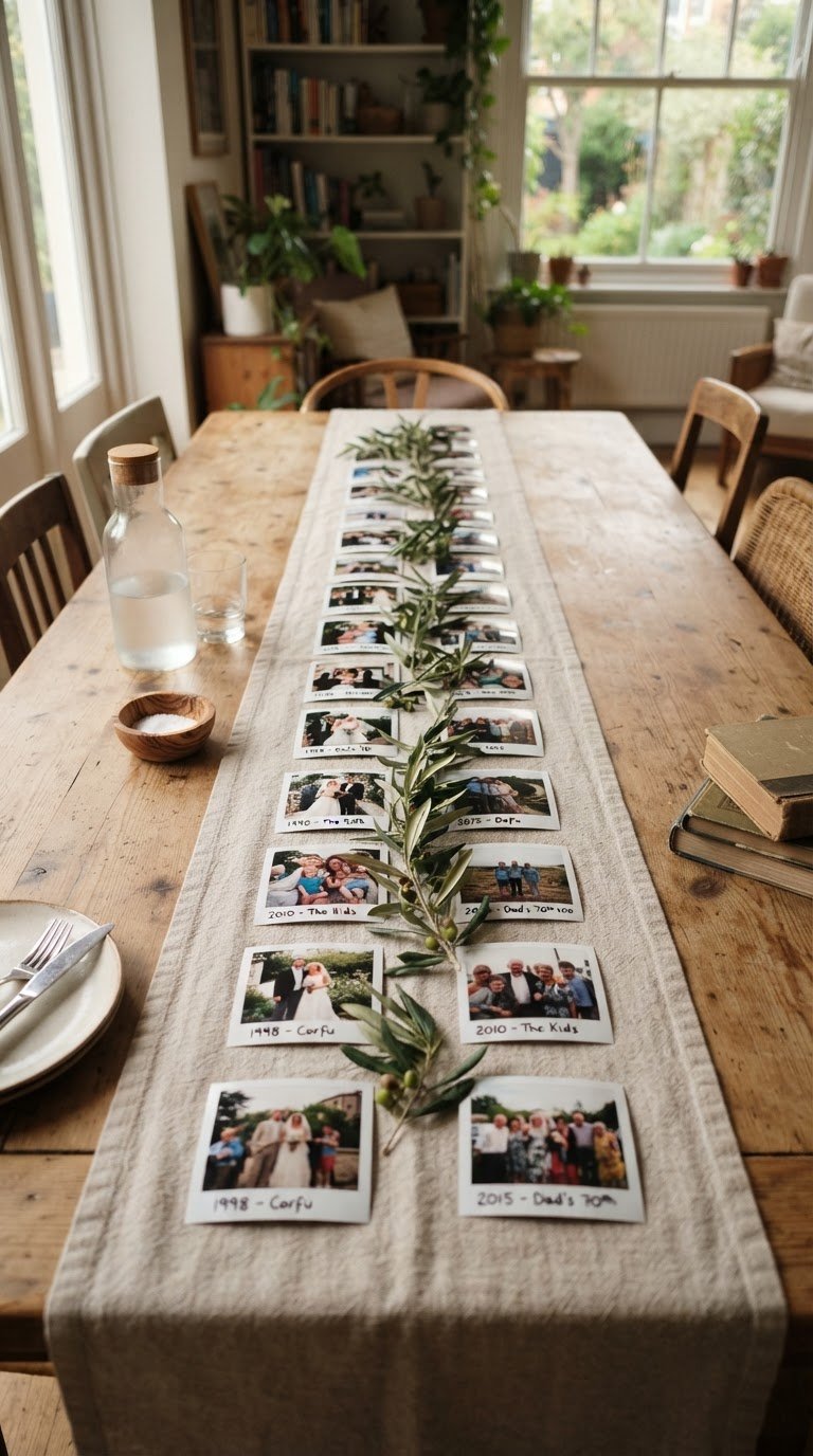 Il nastro di lino steso lungo la tavola con sequenza temporale di foto stampate