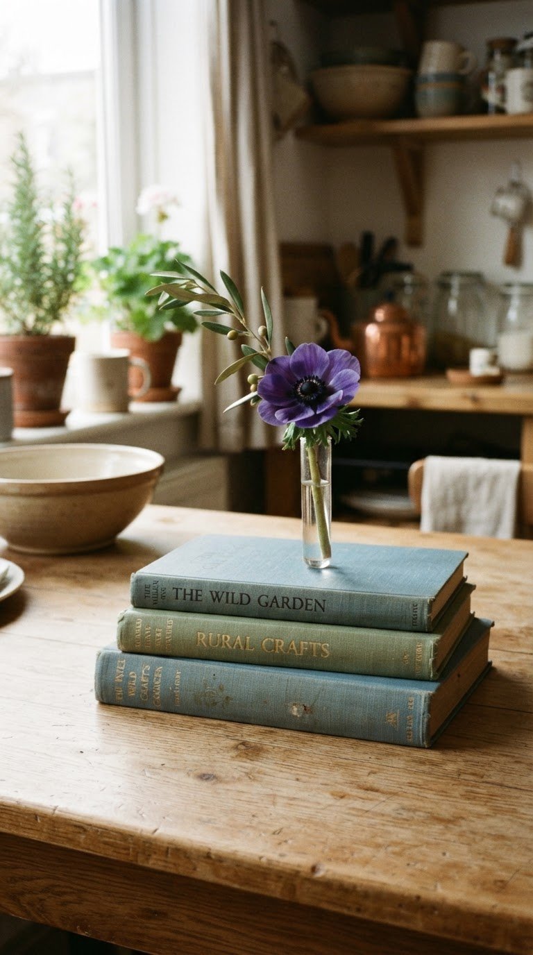 La torre di libri d'epoca con fiale floreali integrate
