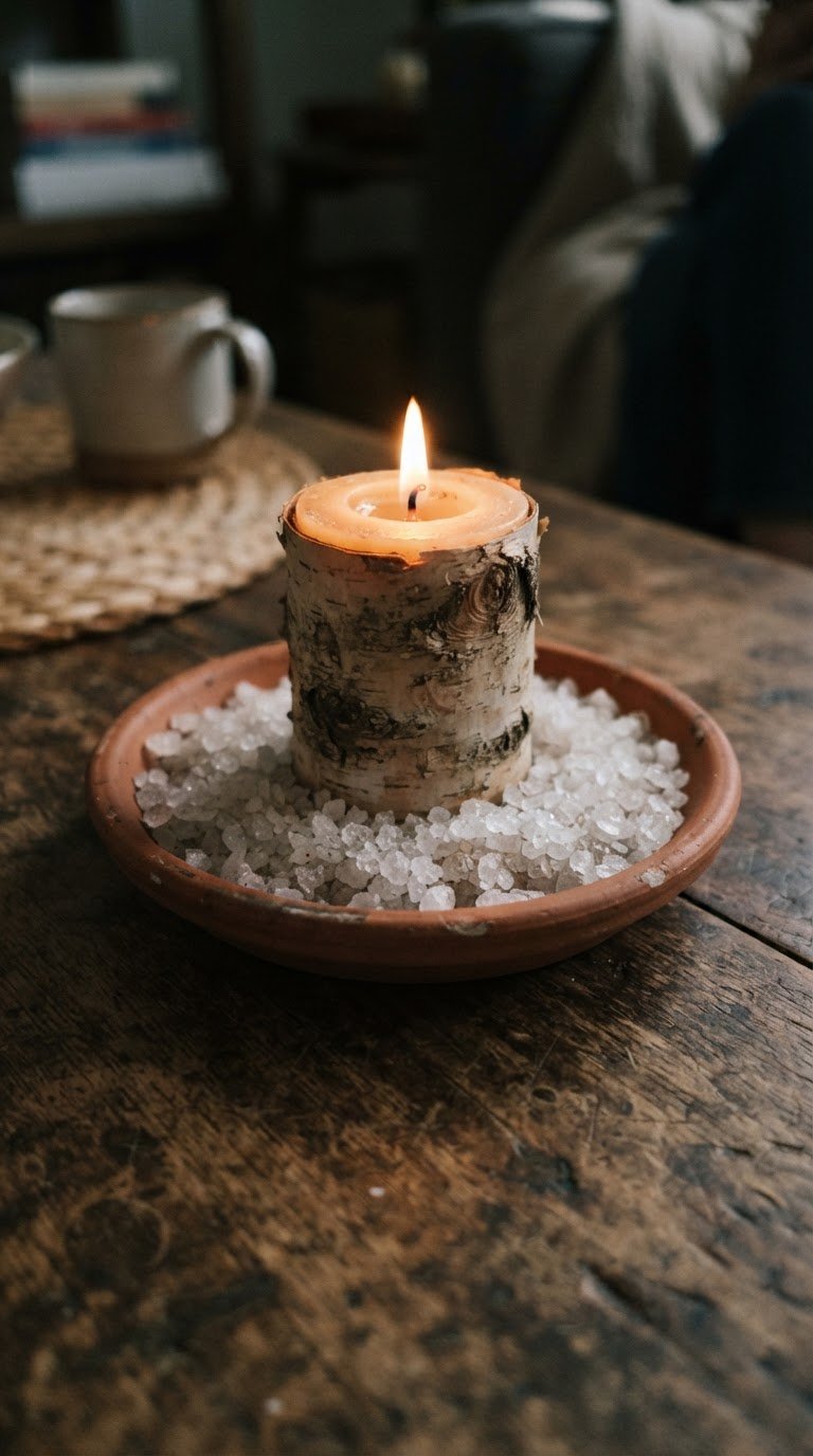 I nidi di sale marino cristallizzato e candele corteccia