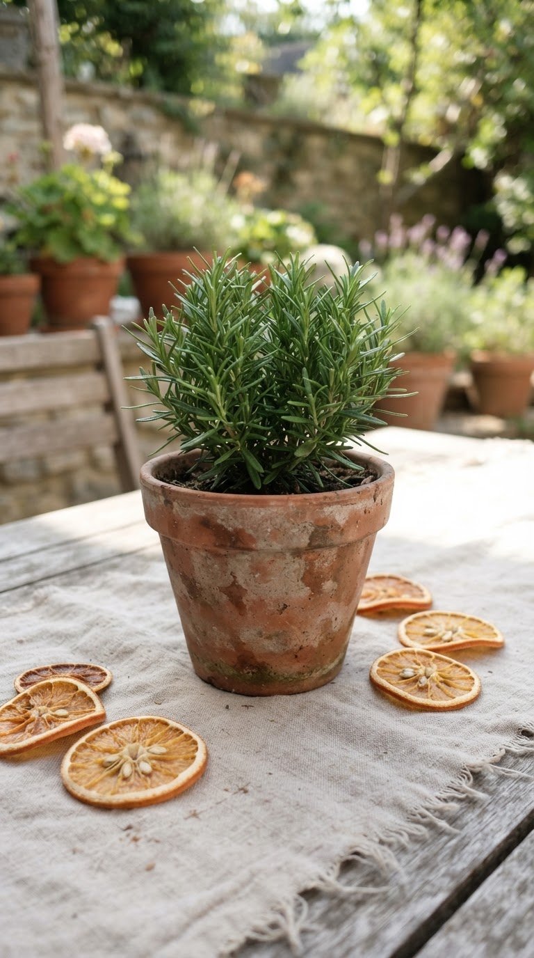 Il giardino olfattivo di rosmarino in vaso e fette di arancia essiccata