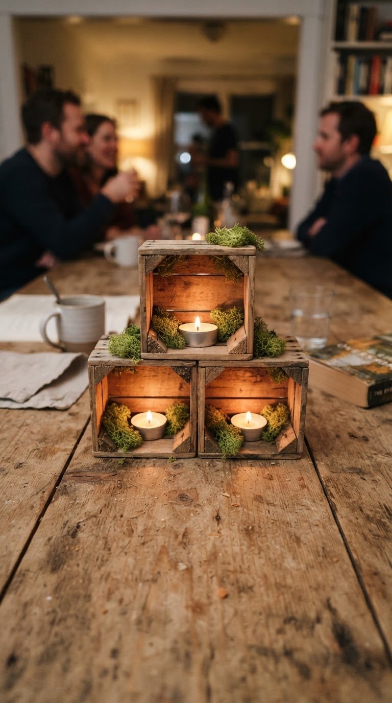 La piramide di cassette della frutta in miniatura con muschio e tealight