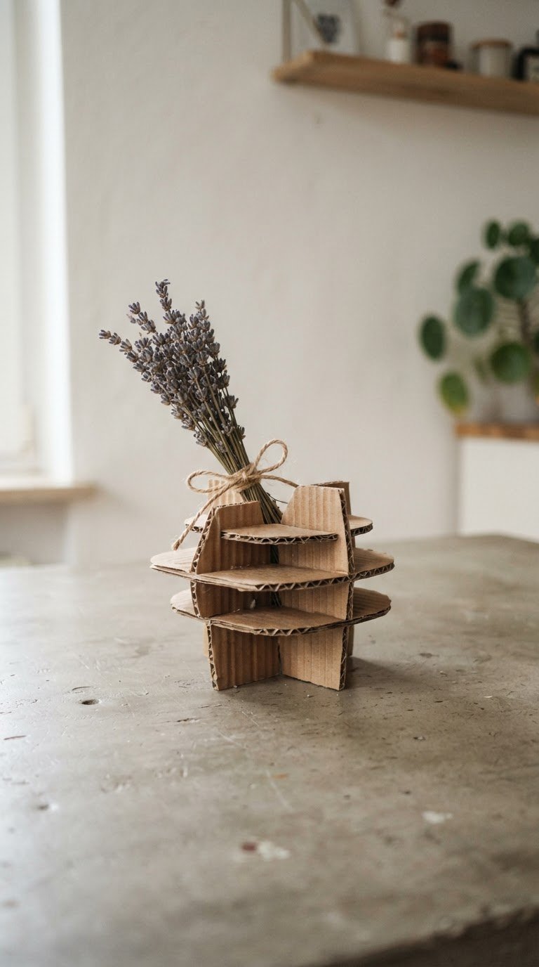 La scultura minimalista in cartone ondulato e fiori secchi di lavanda