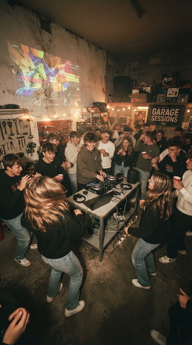 Il Boiler Room Privato (Consolle DJ al centro della stanza e visual proiettati)