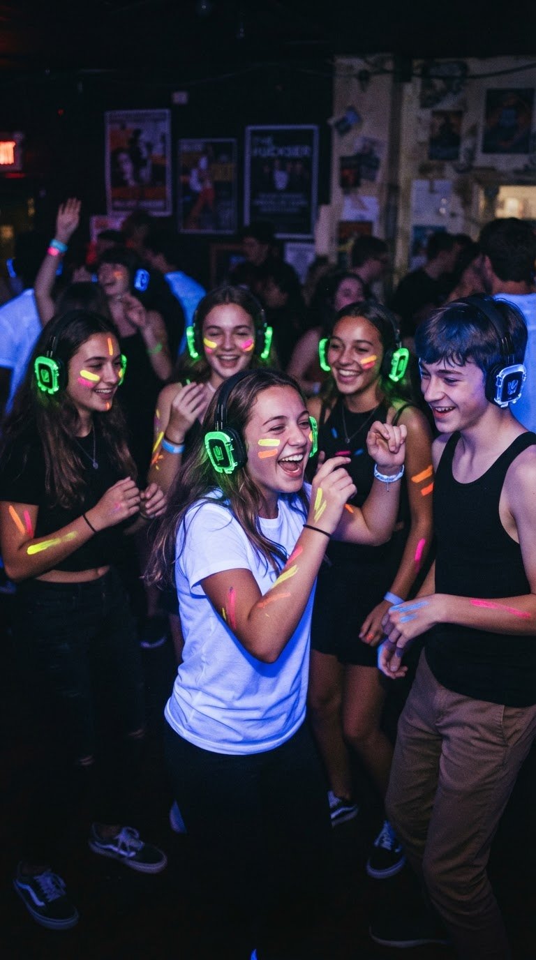 Il Silent Disco Neon & UV (Ballo silenzioso con cuffie multicanale e pittura per il corpo)